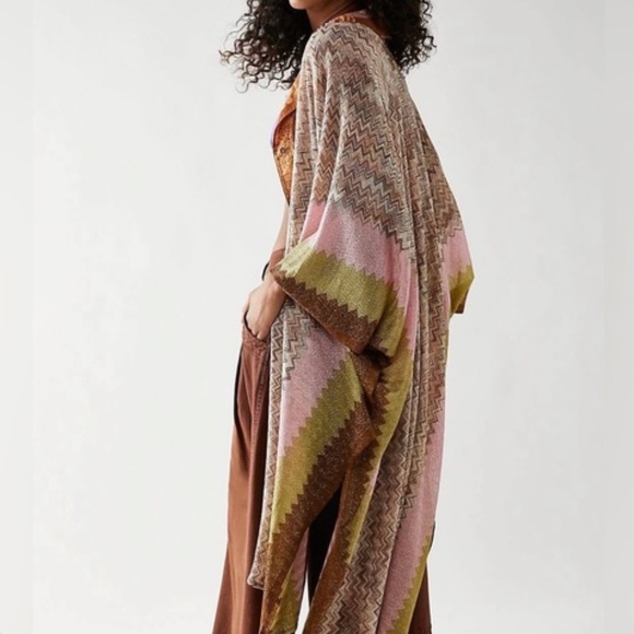 Free People Cairo Shimmer Chevron O/S Pink Green Open Kimono Cardigan Wrap New - Picture 5 of 5